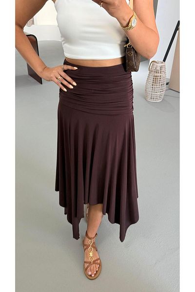 Sezgi Tekin Single Slit Detail Brown Gode Skirt
