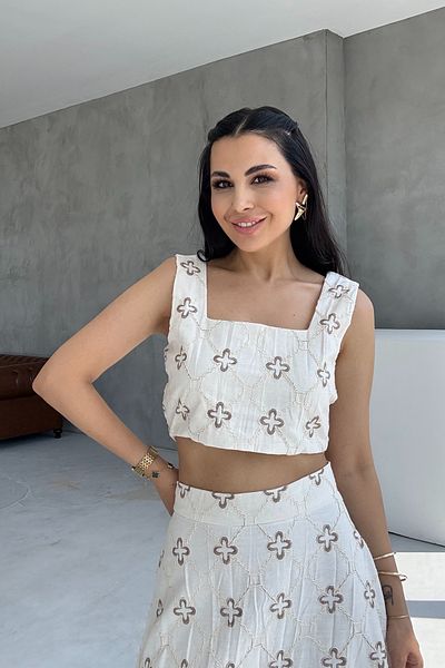 Seda Yalçın Atelier Beige Embroidered Crop Skirt Linen Set