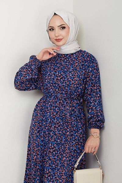 Moda MSK Floral Pattern Belted Dress Navy Blue