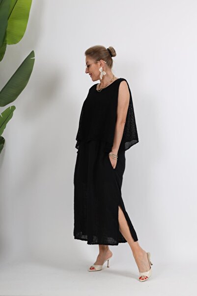 MİSLİNA BUTİK İthal File Detay Sıfır Kol Siyah Keten Elbise