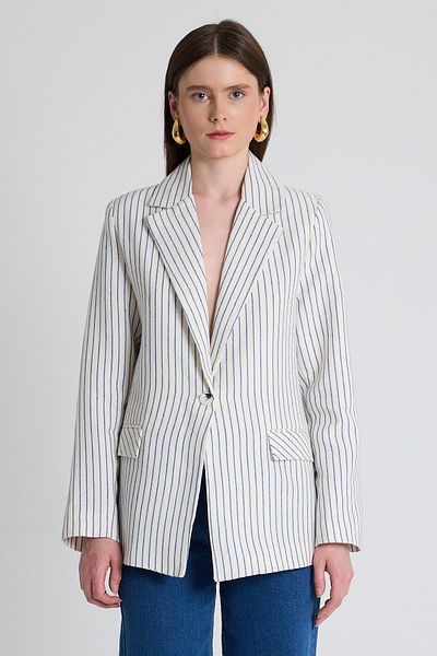 Rays Jachetă blazer cu dungi din bumbac 100% cu aspect de in albastru 2305