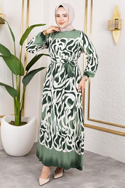 Genel Markalar Batik Desenli Tesettür Elbise YEŞİL