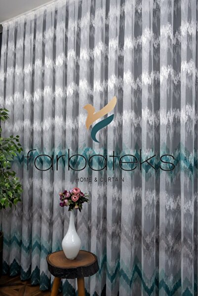 farbateks Harmony Zigzag Pattern Turquoise Light Dark Green Petro Colored Design 2 Layers Pleated Tulle Curtain