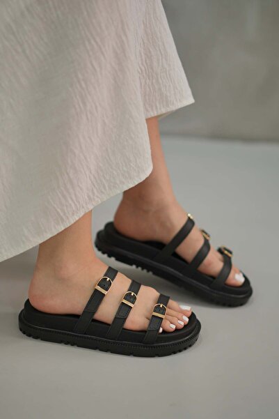 Elvin Shoe Γυναικείες μαύρες παντόφλες Lesy με λεπτομέρεια από κορδόνια