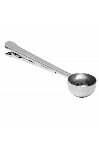 PUFO metal spoon for coffee dosing with serrated clip for sealing bags, 16 cm