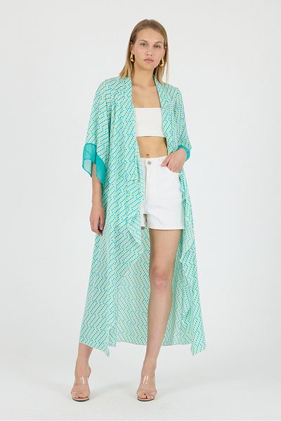 Laranor Puantyeli Shawl Collar Sleeve Tip Satin Detail Flywheel Sleeve Chiffon Maxi Kimono Kaftan Beach Clothing 25L8115