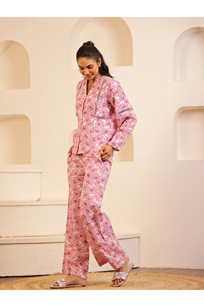 Sanskrutihomes By Styli Women Pink Floral Print Lace Trim Shirt and Pyjama Set