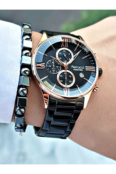 Ferrucci FERRUCCİ FUNCTION ROSE RAKAMLI SİYAH KADRANLI TAKVİMLİ SİYAH METAL ERKEK KOL SAATİ