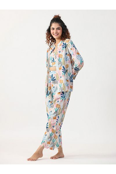 Sanskrutihomes By Styli Women Floral Printed Pure Cotton Crop Top, Shrug and Pyjama Set