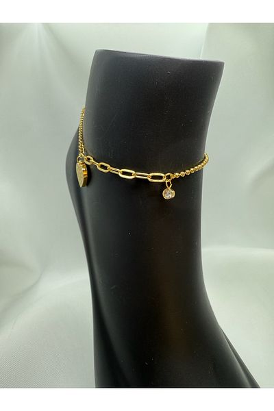 Mila Lumiere Minimal Stylish Gold Gold Color Steel Anklet with Zircon Stone Detailed Heart