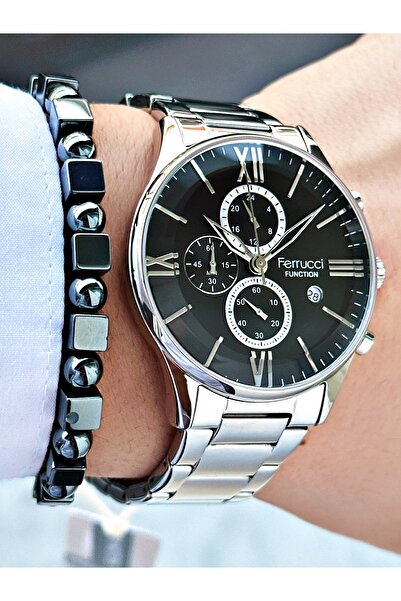 Ferrucci FERRUCCİ FUNCTION SİYAH KADRANLI TAKVİMLİ GÜMÜŞ METAL ERKEK KOL SAATİ
