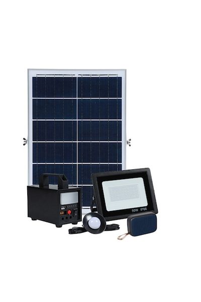 ALEDIO Kit sistem solar 40W cu felinar, port USB, bec LED, proiector, difuzor Bluetooth și panou solar