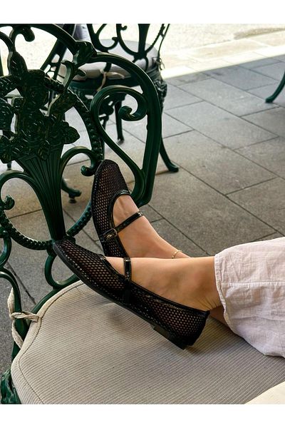 ERVANIN BUTİĞİ Black Mesh (Fley) Tape Detail Elastic Women's Ballerinas