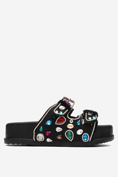 Dericlub Dericlub Stone Double Strap Slippers Real Leather Zy 8182 Black