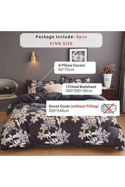 LUNA HOME King Size 6 pieces, Lovely Flower design Iron Color, bedding set.