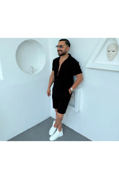 Fifty Color Alaçatı Style Men's Short Sleeve Shirt and Shorts Wrap Crinkle Suit