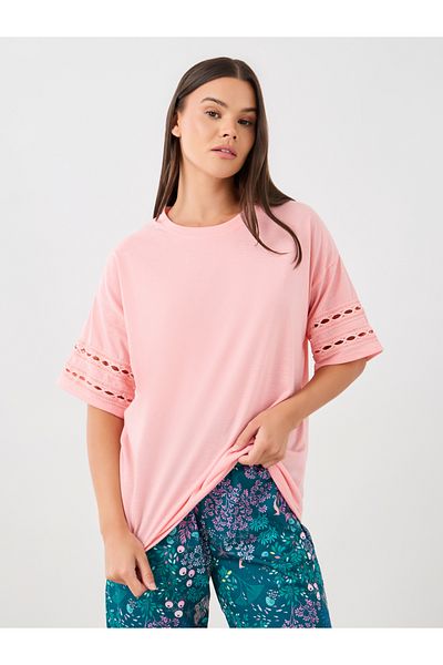 Styli Lace Insert Round Neck T-Shirt and Pyjama Set