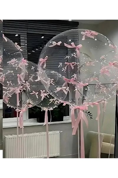 Çemrek Süs Parti Transparent Bobo Balloon with Pink Bow 3Pcs 24Inch