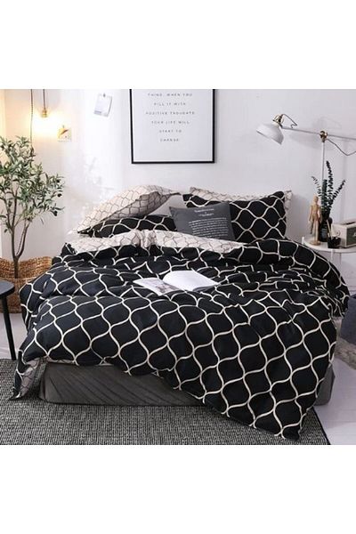 LUNA HOME King size bedding set of 6 pieces, Black geometric design.
