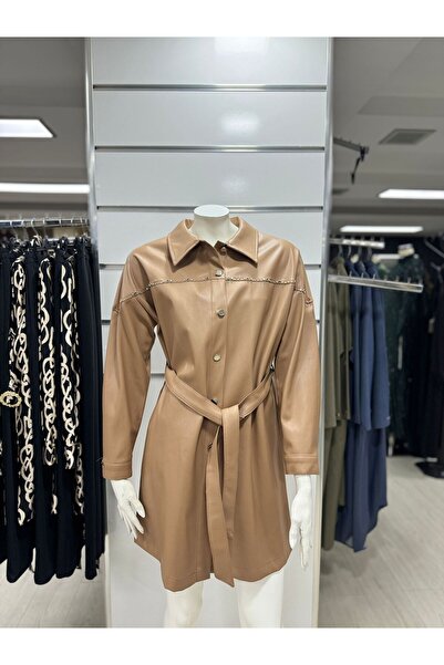 Zühre Gömlek Yaka Düğme Kapamalı Camel Deri Tunik T-1476