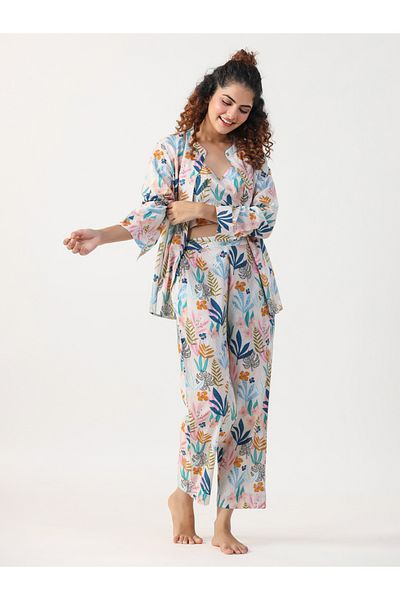 Sanskrutihomes By Styli Women Floral Printed Pure Cotton Crop Top, Shrug and Pyjama Set