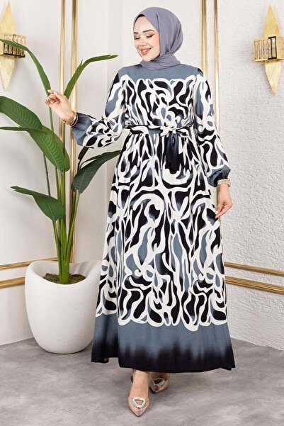 Genel Markalar Batik Desenli Tesettür Elbise SİYAH