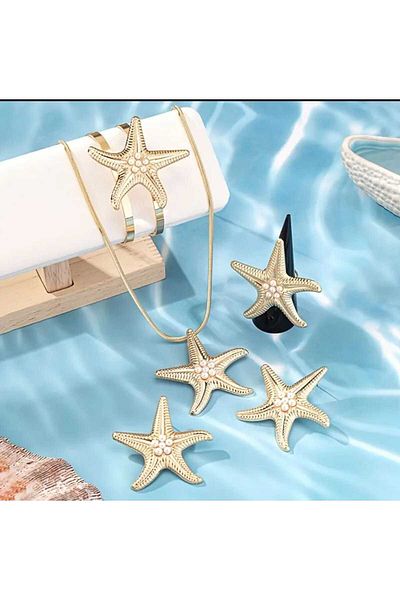 beynaaksesuar Gold Plated Starfish Bracelet, Earrings, Necklace and Ring Set Gift for Lover Gift for Mom