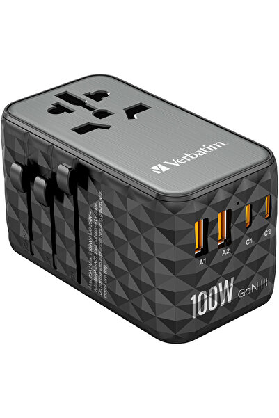 Verbatim 32121 GaN III UTA-06 Universal Travel Adapter, 100W, 2 x USB-C PD, QC 4+, 2 x USB-A QC 3.0