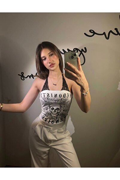 Violon Grunge Punk Beyaz Punk Skeleton Kafatası Baskılı Crop