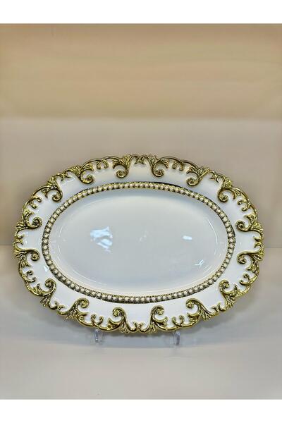 Litya Home PORSELEN OVAL DÜZ GOLD/ALTIN YALDIZLI BEYAZ SUNUM TABAĞI MODERN LÜKS SERVİS