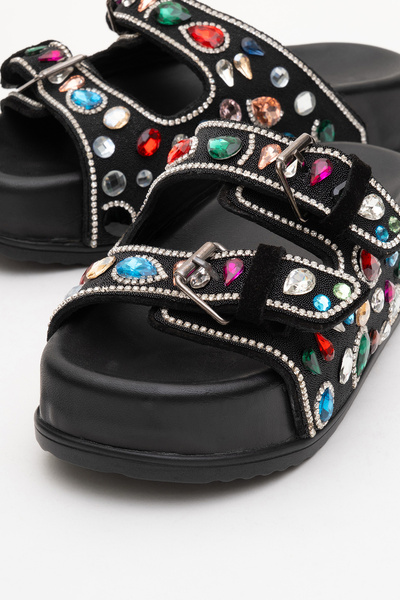 Dericlub DERİCLUB Πέτρινες Παντόφλες Διπλές Ριγέ Πραγματικό Δέρμα ZY 8182 ΜΑΥΡΟ