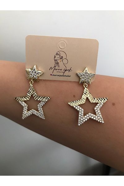shop Stainless Steel Gold Color Shiny Stone Star Detail Hanging Earrings