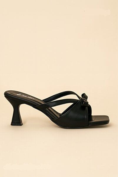 Elvessa Women's Black Skin 5 cm Thin Heeled Slippers, Stylish Model with Bow Detail