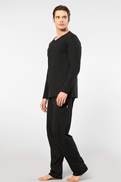 Cacharel Erkek V Yaka Uzunkol Pijama Takım, %50 Modal, %50 Pamuk Alt Pijama ceplidir