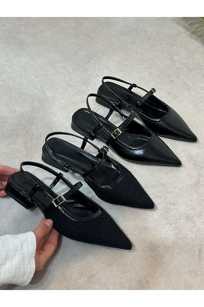 ERVANIN BUTİĞİ Black Tweed (Alina) Women's Ballerinas with Belt Detail