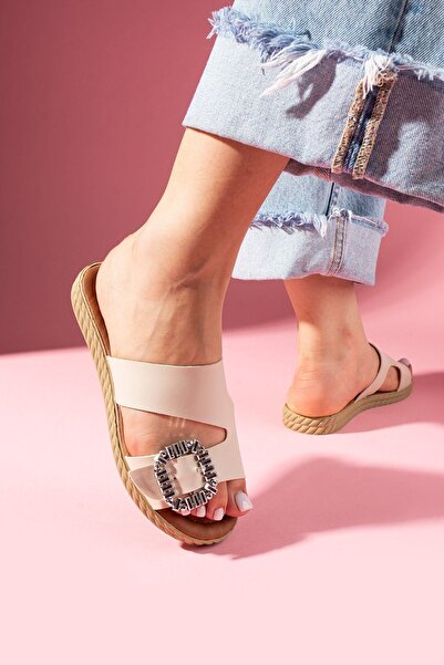 FUGA MODA Fengi Beige Asymmetric Cut Single Buckle Slippers
