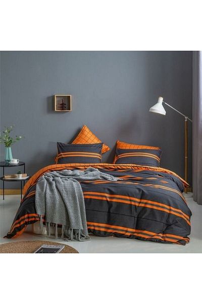 LUNA HOME King size bedding set of 6 pieces, Orange & Grey Stripes Design.