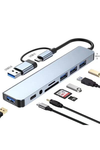 bovinox Type-C/USB Hub Çevirici Dönüştürücü 8in1 4x USB SD/TF Kart 3.5 Jack P...