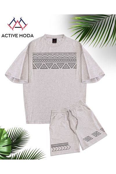 ACTIVE MODA - Men's Short Sleeve Cotton Tshirt-Shorts 2-Piece Set Oversize Gray Color