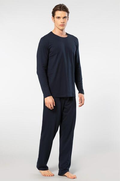 Cacharel بدلة بيجامة طويلة الأكمام للرجال برقبة دائرية، 50% مودال، 50% قطن سفلي بيجامة جيب