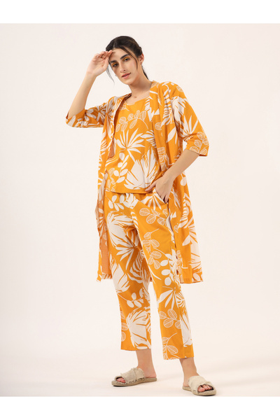 Sanskrutihomes By Styli Women Floral Printed Pure Cotton Top, Robe and Pyjama...