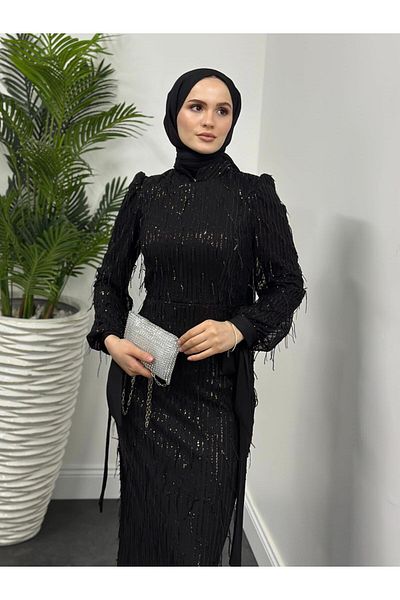 STİLZERAFET Tasseled Sequin Pencil Evening Dress