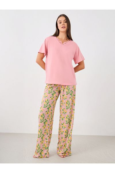 Styli Lace Insert V Neck T-Shirt and Lemon Print Pyjama Set