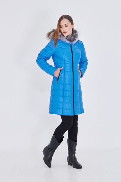 By Marki Marki Women's Blue Leather Puffer Coat – Special Fur Hood, Zippered, 90 cm - 1049