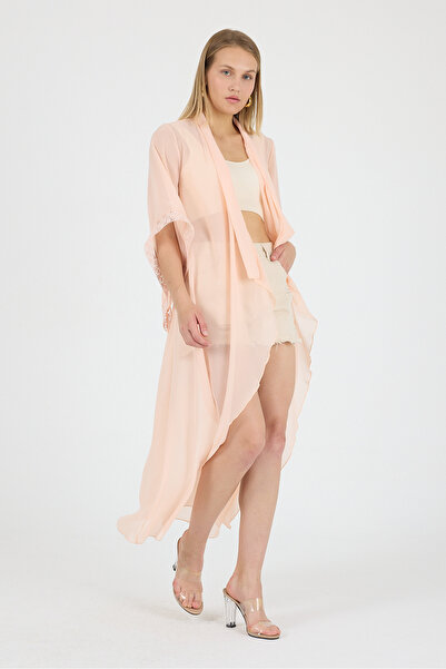 Laranor Σολομός Σάλι Κολάρα Μανίκι Λεπτομέρεια Γκουπέρ Μανίκι Σιφόν Maxi Kimono Kaftan Beach Wear 25L8114