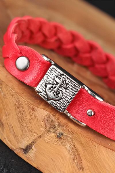 callerrons accessories Red Color Knitted Model Leather Men's Bracelet with Sea Anchor Accessories - Eb2846-St