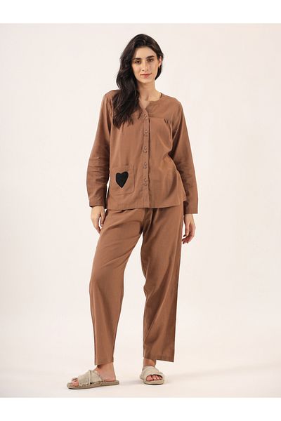 Sanskrutihomes By Styli Women Solid Pure Cotton Shirt and Pyjama Set