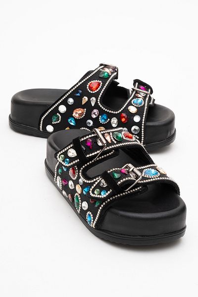 Dericlub Dericlub Stone Double Strap Slippers Real Leather Zy 8182 Black