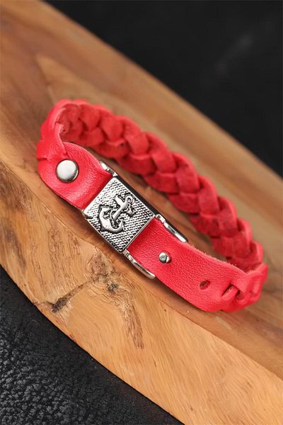 callerrons accessories Red Color Knitted Model Leather Men's Bracelet with Sea Anchor Accessories - Eb2846-St
