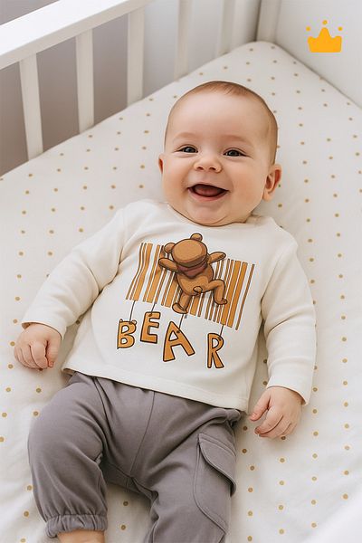 Babyhola Baby Girl and Boy 2-Piece Teddy Bear Badi Pants Bottom Top Set Gray